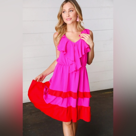 Fuchsia Ruffle V Neck Crepe Tiered Midi Dress - Picture 1 of 16